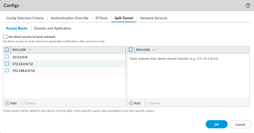 Include Access Routes list