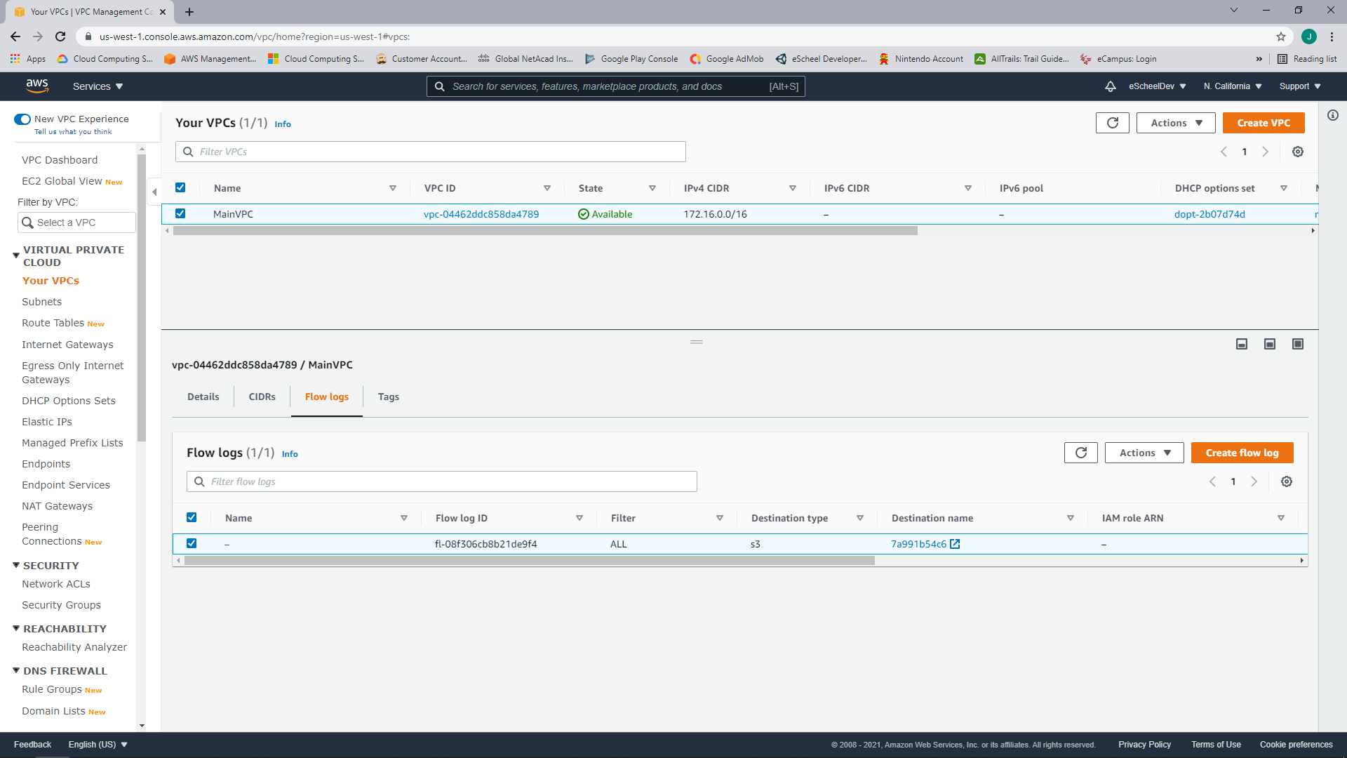 VPC flow logs configured for s3 bucket