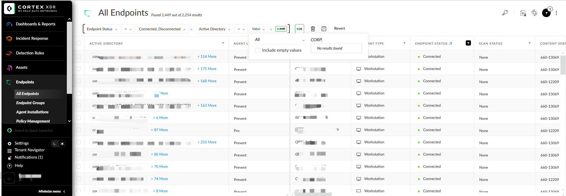 Cortex XDR AD Filtrar sin resultado