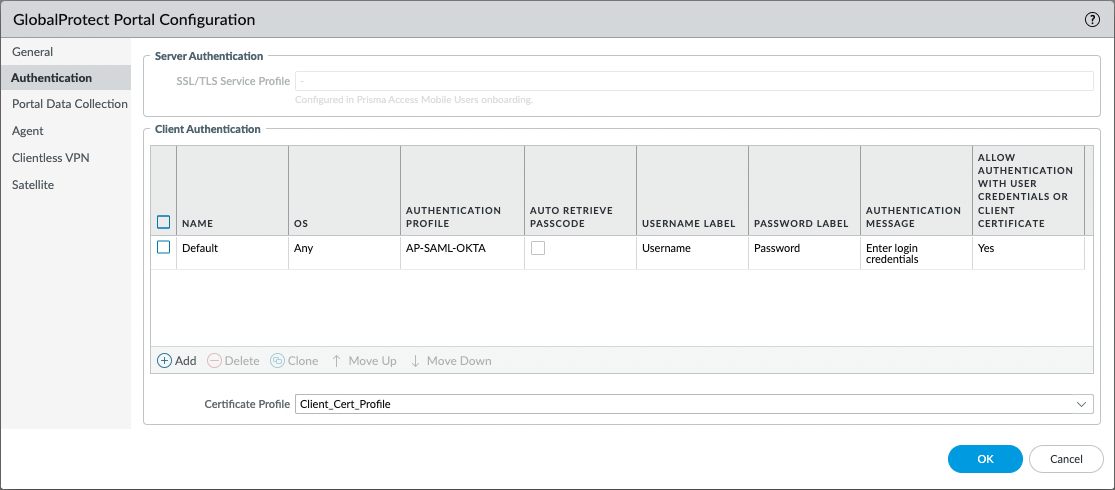 すべての認証オプションOSクライアント Prisma Access firewall
