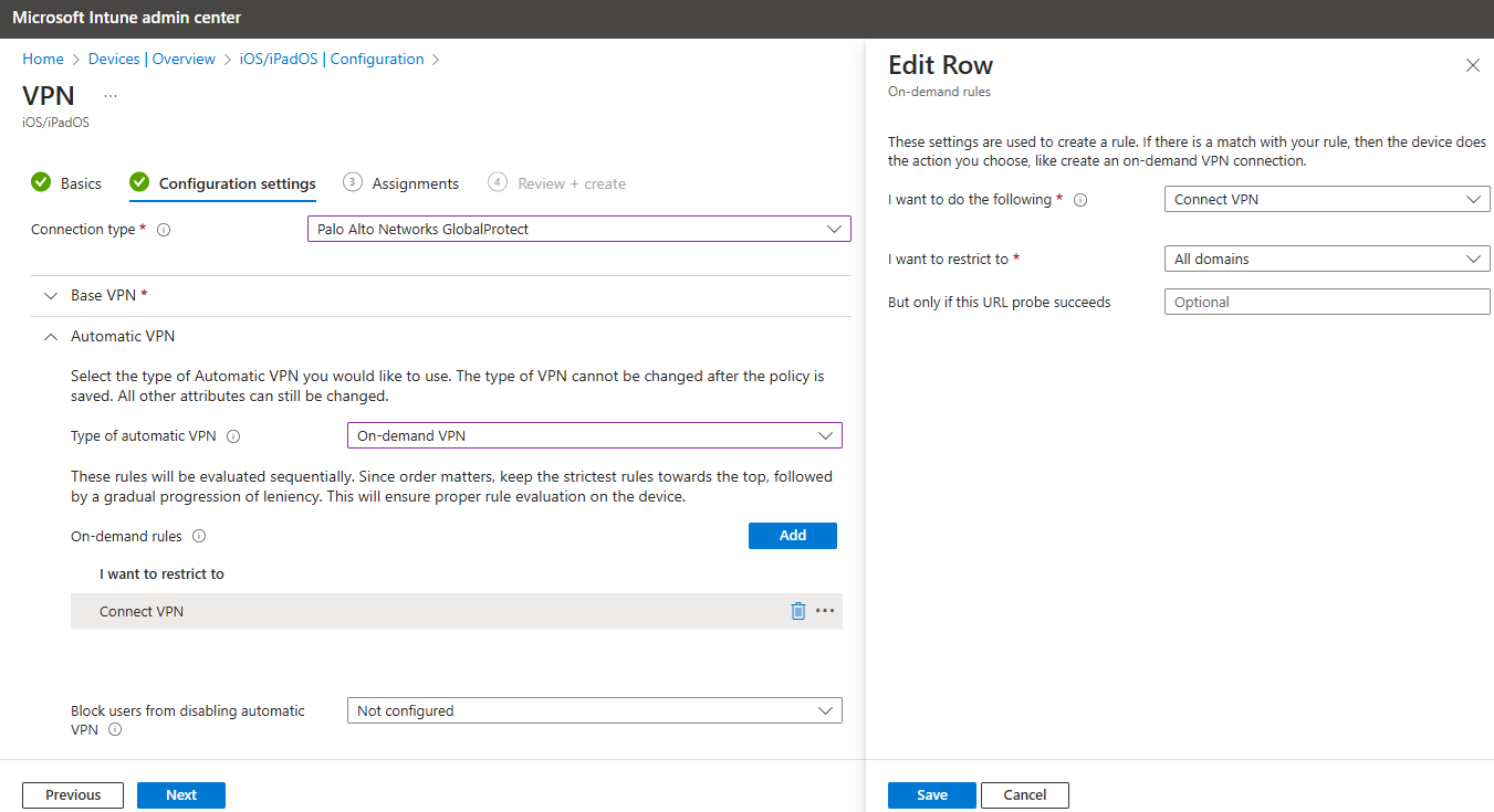 Set the Type of automatic VPN to: On-demand VPN. Add an On-demand rule ...