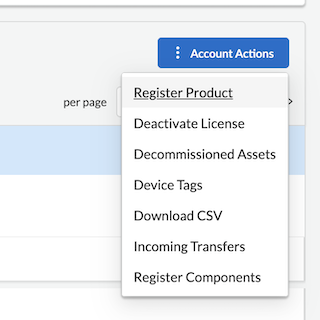 Register product link under the Account Actions button