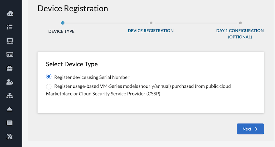 device registration select device type using serial number