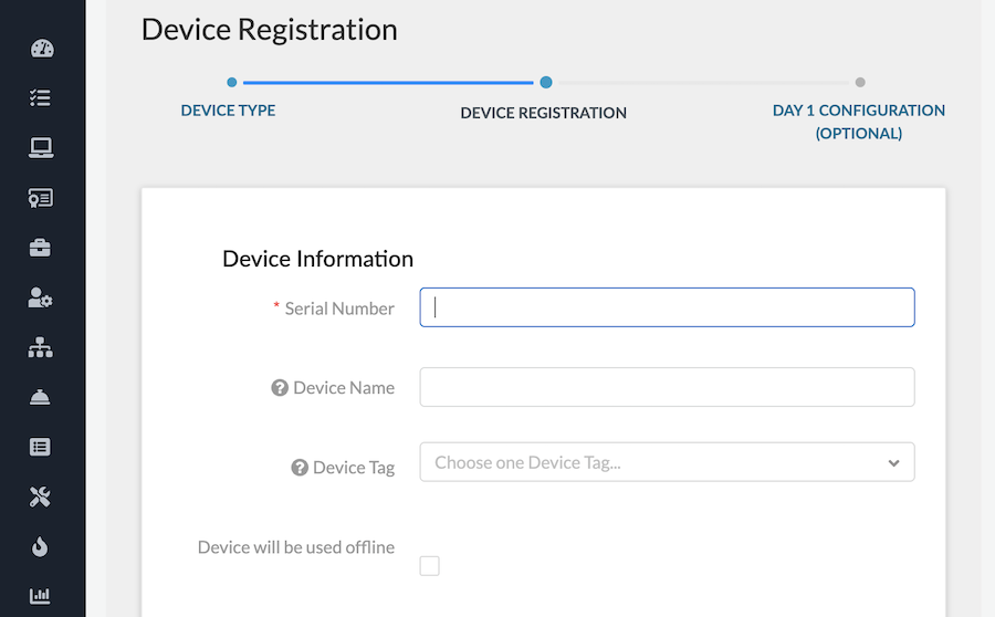 device registration serial number, device name, and device tag