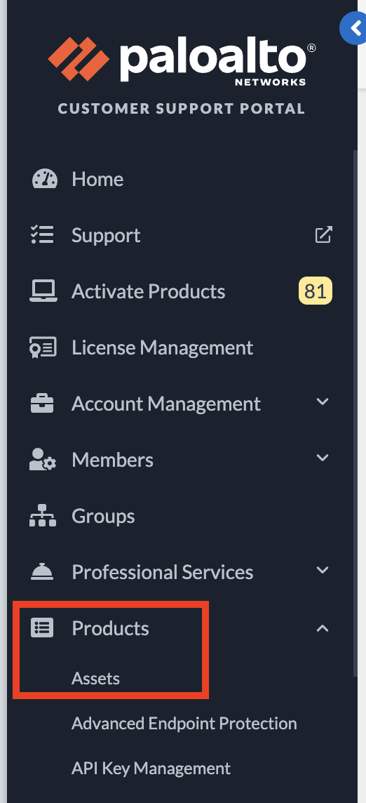 customer support portal navigation menu for products then assets