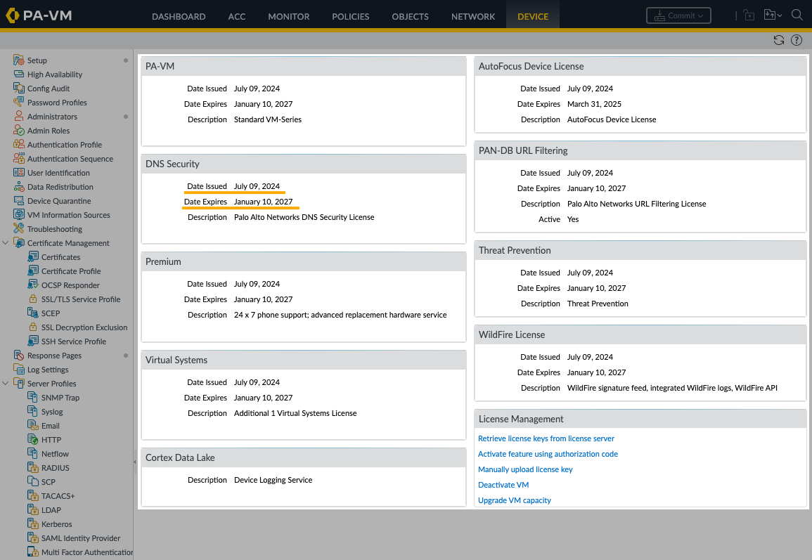 Existing licenses on the firewall
