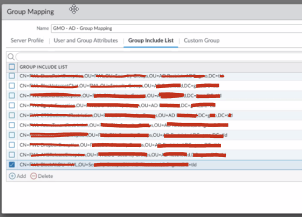 Snapshot of the Group mapping include list