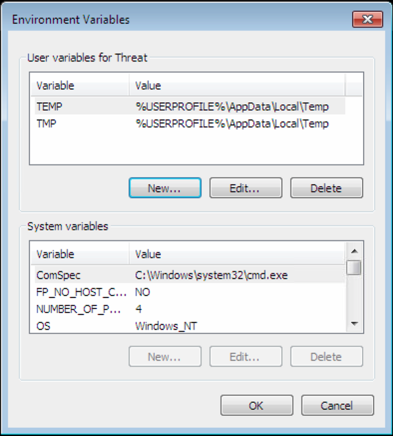Variables utilisateur pour %user%, cliquez sur Nouveau...