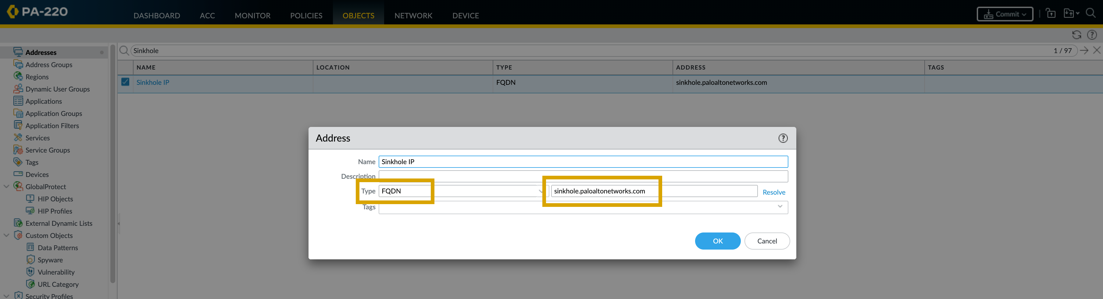 Sinkhole FQDN Address Object