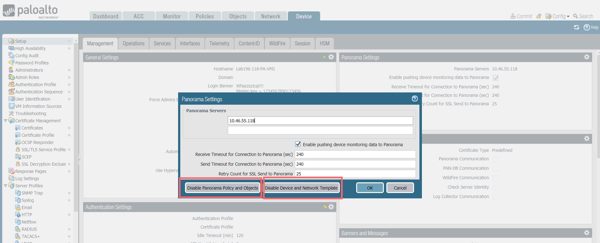 Screenshot of disabling Panorama Policy and Objects