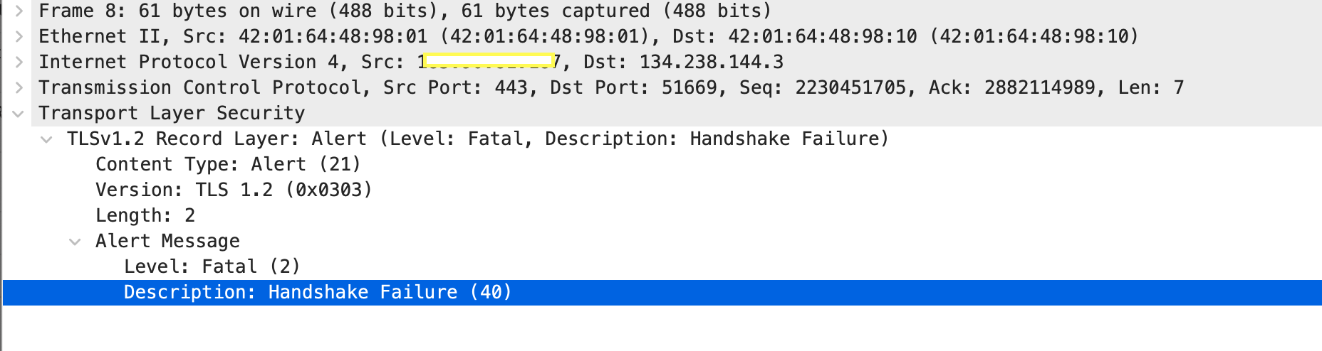 TLS handshake failure message from Wireshark captures