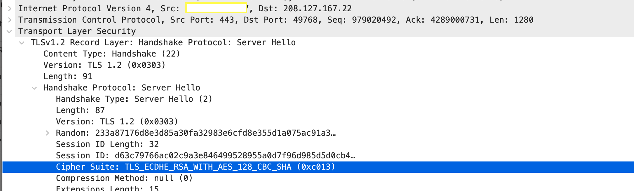 Cipher Suite Selected by server hello packet
