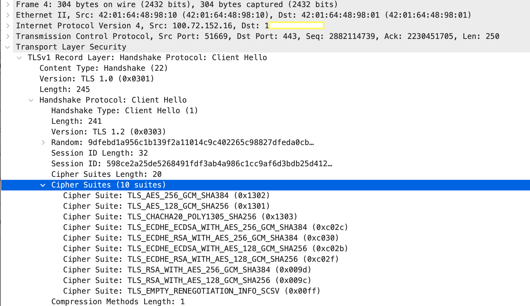 Lista de conjuntos de cifrado enviada por firewall con el paquete client-hola