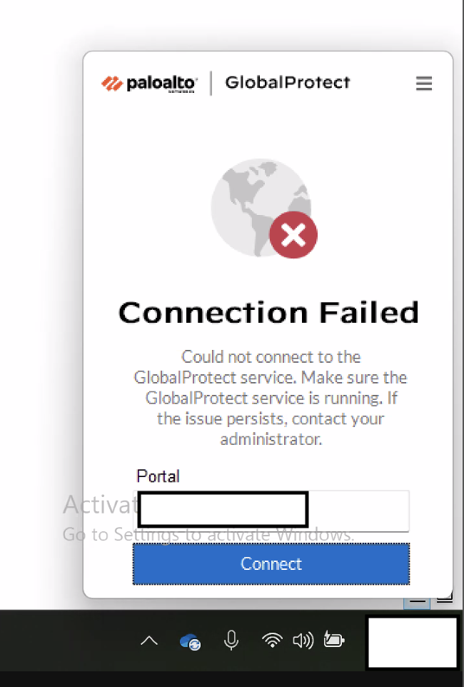Failed to connect to GlobalProtect service
