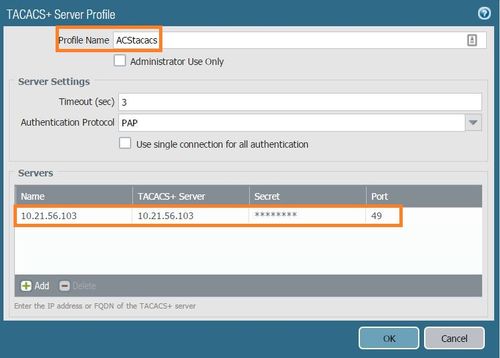 Capture d’écran TACACS d’un profil de serveur