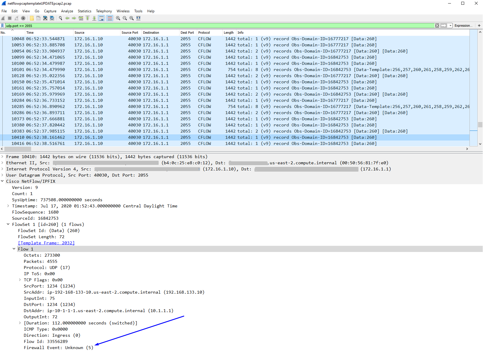 Beispiel in Wireshark eines Netflow-Pakets aus dem firewall eines flow Updated