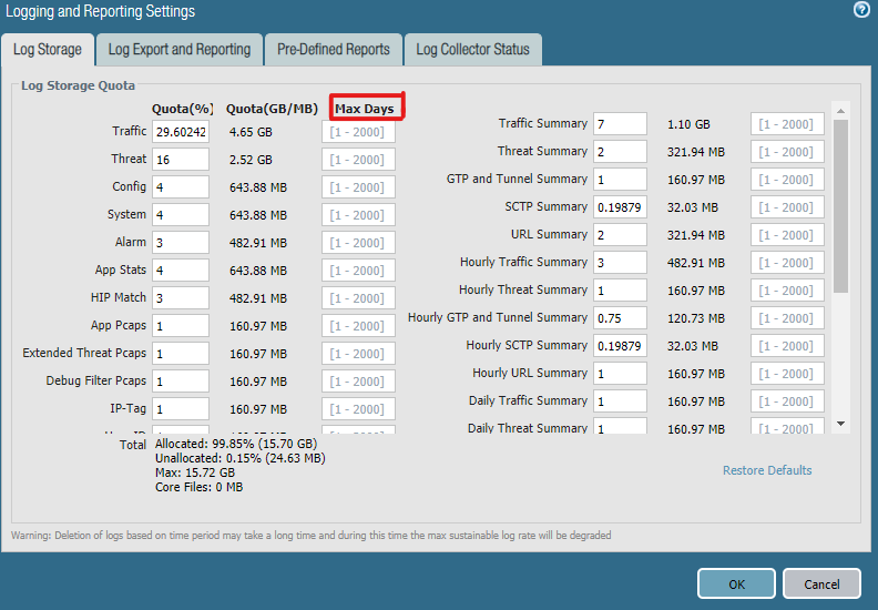 Log retention setting