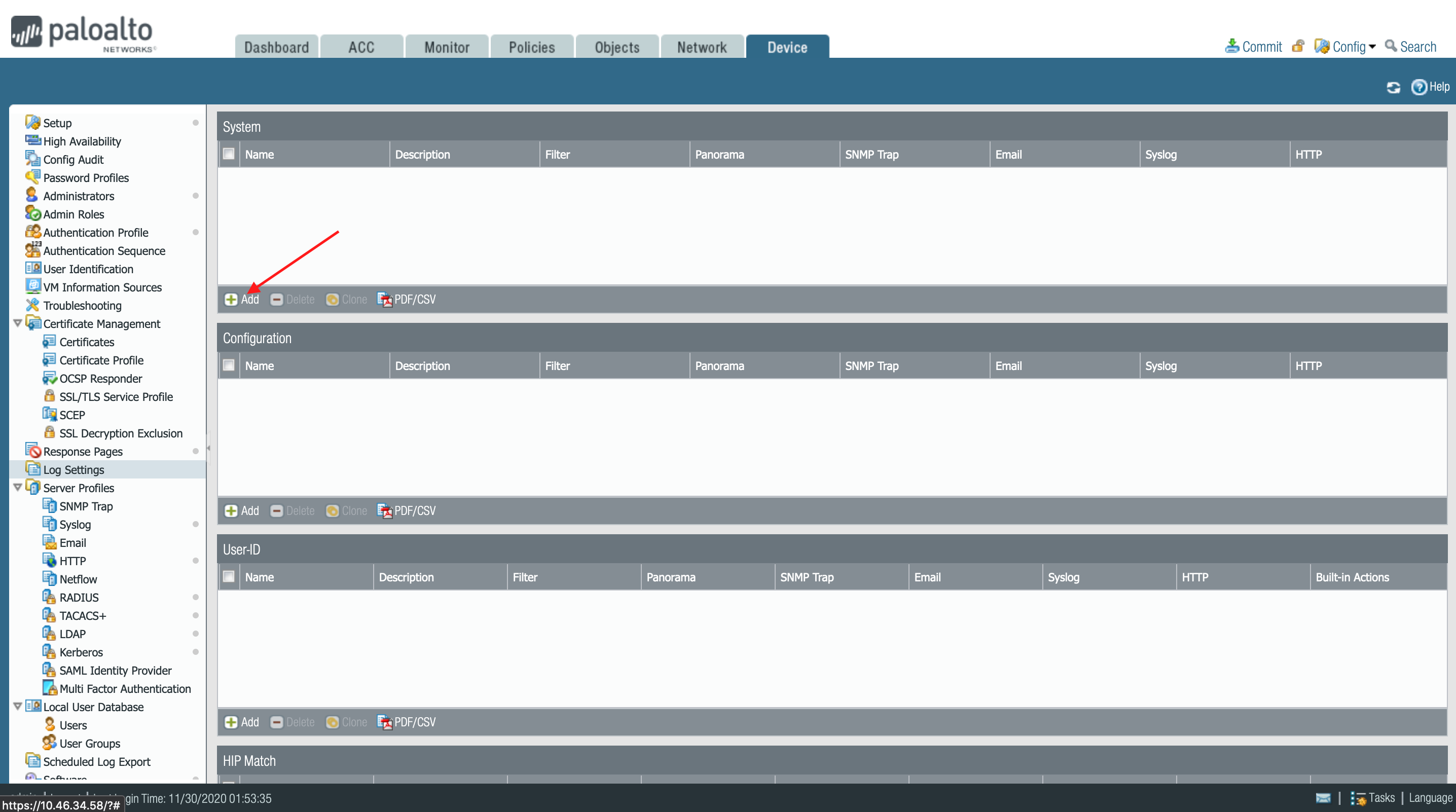establecer la configuración del registro del sistema