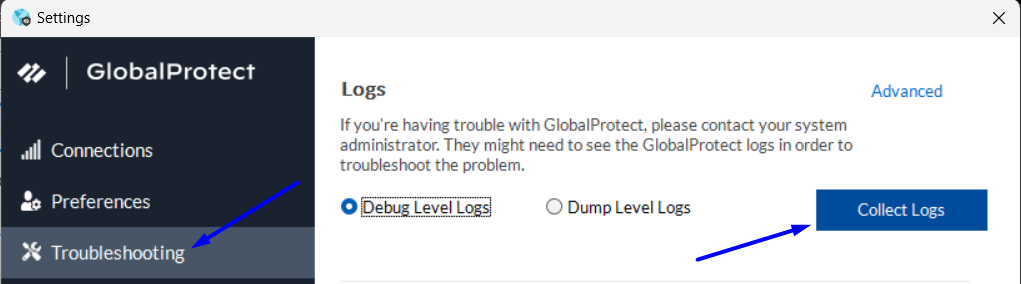 「ログの収集」をクリックします