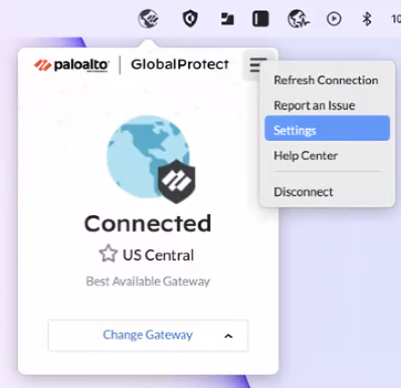 Mac 步骤 - 单击 GlobalProtect 托盘图标 - 单击齿轮图标 - 单击设置