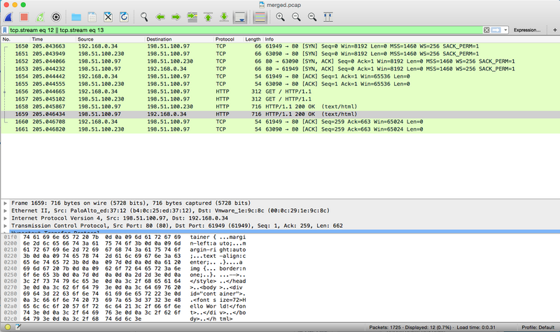 Die receive.pcap- und transmit.pcap-Ansicht werden in der WireShark-Ansicht zusammengefälen